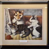 A31. 19th Century folk art ”Cat and Kittens” framed print. Frame: 25”h x 29”w